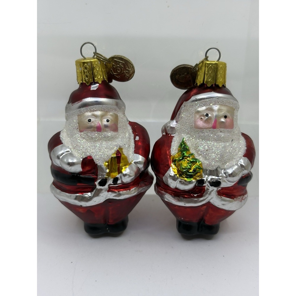 Kurt Adler Mini Christmas Ornaments Blown Glass Santa Glitter Lot 2